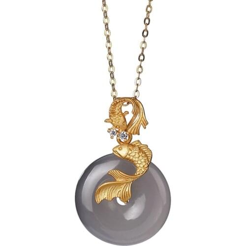 S925 sterling silver gold-plated Hetian smoke mauve jade pendant retro personalized carp peace buckle womens pendant