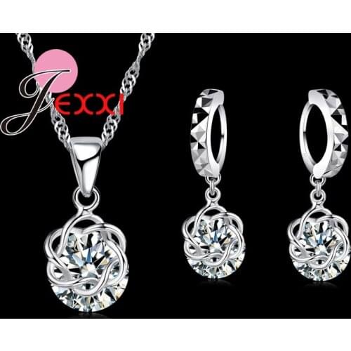 Charms 925 Sterling Silver Cubic Zircon Ball Shape Pendant Necklace Earring Lovers Wedding Jewelry Sets Bride Accessories