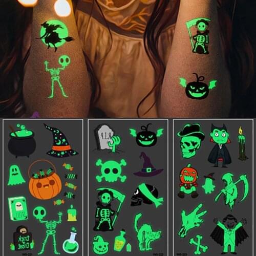 Halloween Luminous Tattoo Ghost for Kids Fake Tattoo with Glowing In Dark Waterproof Temporary Tattoo Stickers