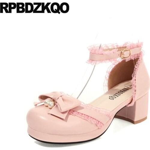 Round Toe High Heels Plus Size Pearl Lace Pumps Lolita 10 42 11 43 Ankle Strap Bow Dress Shoes Women Platform Thick School Pink