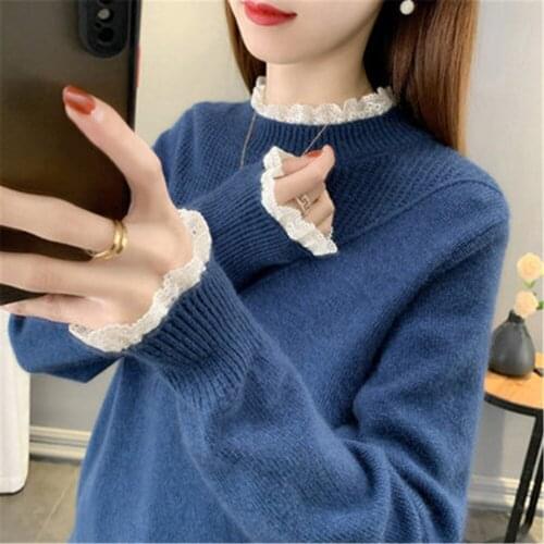 2021 Women Autumn and Winter Turtleneck Lace Patchwork Knitting Women Inner Wear Basic Coats Woman Sweaters Outerwear Sweater