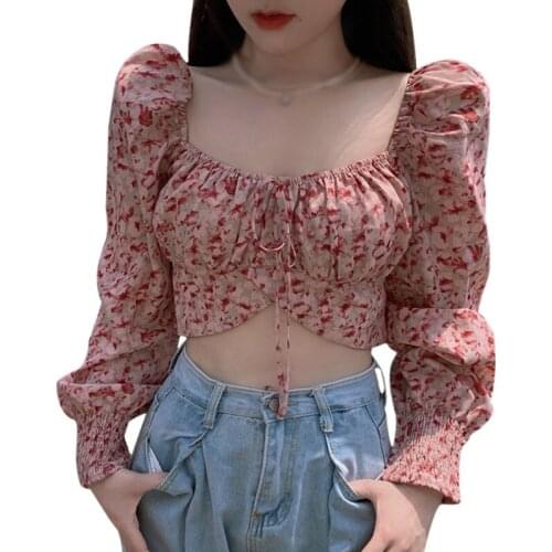 Womens Floral Print Square Collar Blouse Sexy Exposed Navel Long Sleeves Chiffon Shirt Tops New