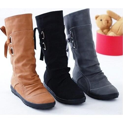 2019 New Mid-Calf Boots Womens Fashion Platform Boots Lace-up Solid Slip On Flat Heels Ladies Warm Casual Shoes JXX104