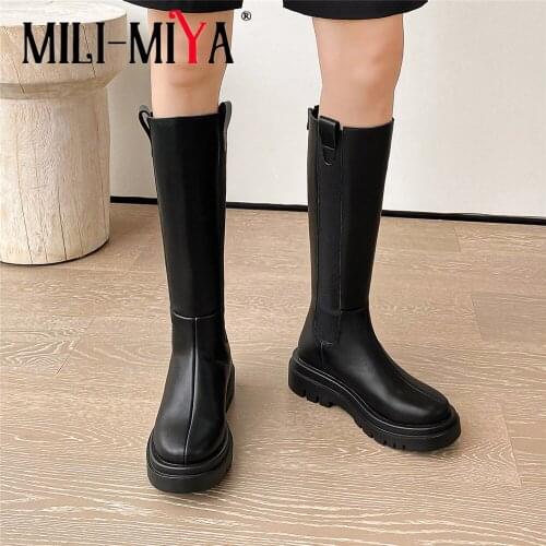 MILI-MIYA Luxury Designer New Stylish Chelsea Knee High Boots Women Chunky Platform Heels Comfortable Round Toe Zip Shoes Black