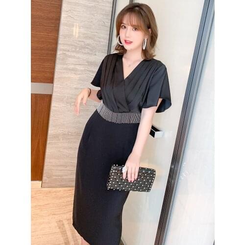 High quality Lotus leaf sleeve V - neck pleated fold collar drill chain new women summer dress