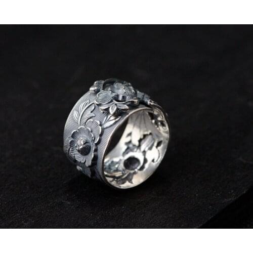 990 Sterling Silver peony flower oxidized ring women gift Jewelry A4071