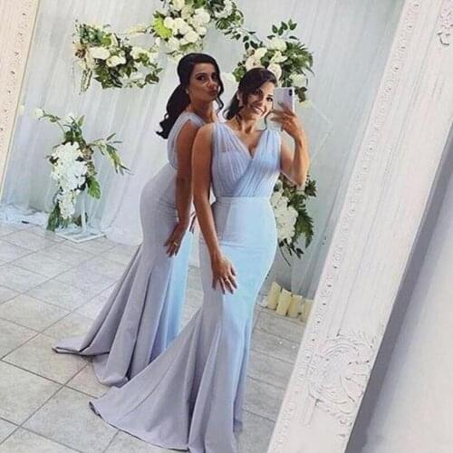 New Arrival Sky Blue V Neck Cap Sleeve Vintage Lace Appliques Beaded Mermaid Bridesmaid Dresses Party Gowns Vestido De Festa