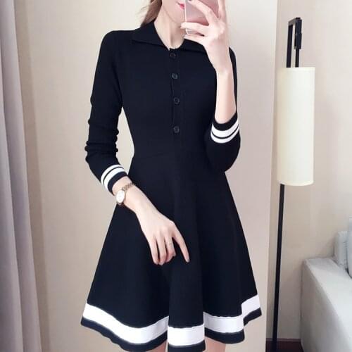 Women Knitted Pleated Dress New Fashion Casual Turn Down Collar Girls Mini Dress Fall Winter Long Sleeve Thick Sweater Dress