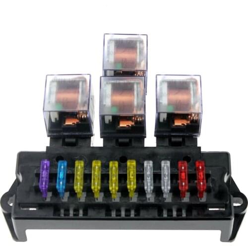 10 Way Fuse Box 5-Pin Socket Base Relay Fuse Holder Block with 13Pcs Standard Blade Fuses Universal for Auto Interior Parts