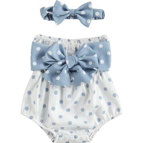 Lovely Newborn Baby Girl Bowknot Romper 0-18M Outfits Baby Girl Off Shoulder Strapless Polka Dot Print Boat Neck Romper Headband