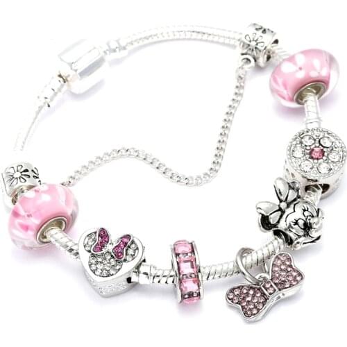 Animal Mickey Charm Bracelets & Bangles Women Jewelry Minnie Pink Bow-Knot Pendant Bracelet DIY Handmade for Girl Gift