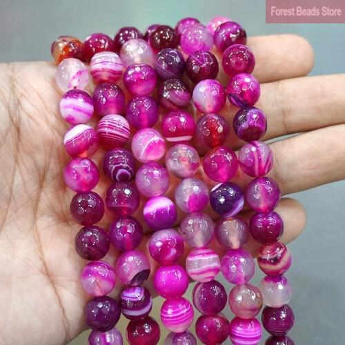 Natural Stone Beads Faceted Rose Pink Striped Agates Onyx Round Loose Beads DIY Bracelet For Jewelry Making 15'' 4/6/8/10/12mm