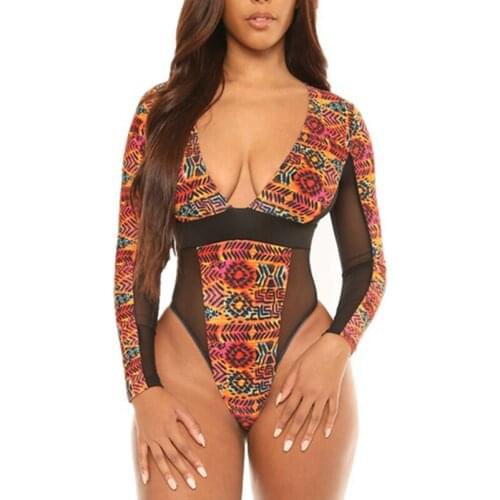 Long Sleeve One Piece Siwmsuit Mesh Patchwork Bathing Suit Deep V Swimsuit Sexy Monokini See Through Bodysuit Sexy Swimsuit 2020