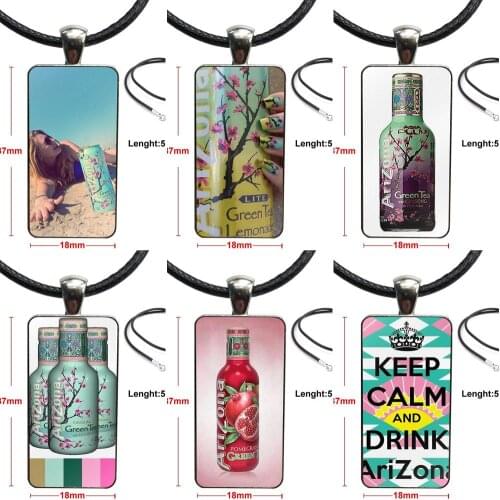 For Women Choker Arizona Green Tea Drink Glass Cabochon Choker Pendant Rectangle Necklace Steel Color Jewelry