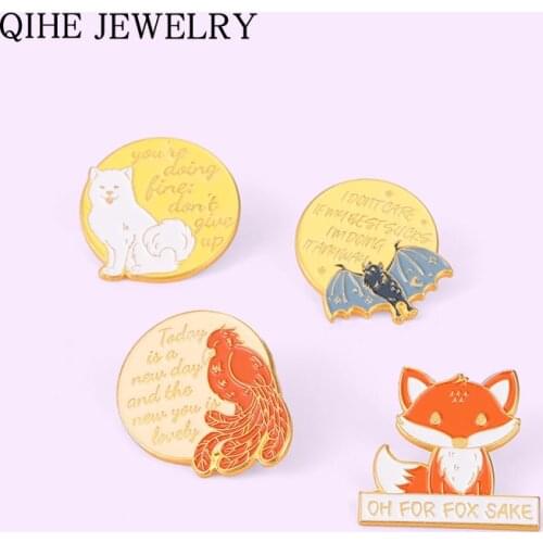 Funny Quote Animal Enamel Pin Fox Bat Dog Letters Brooches for Women Men Cartoon Bag Clothes Lapel Pins Badge Jewelry Gift