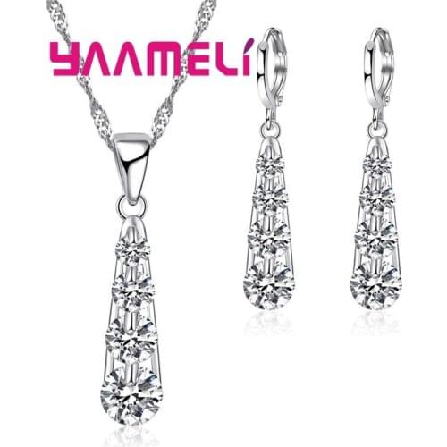 Simple White CZ Paved 925 Sterling Silver Earring Chain Necklace Set Elegant Women Engagement Jewelry Sets