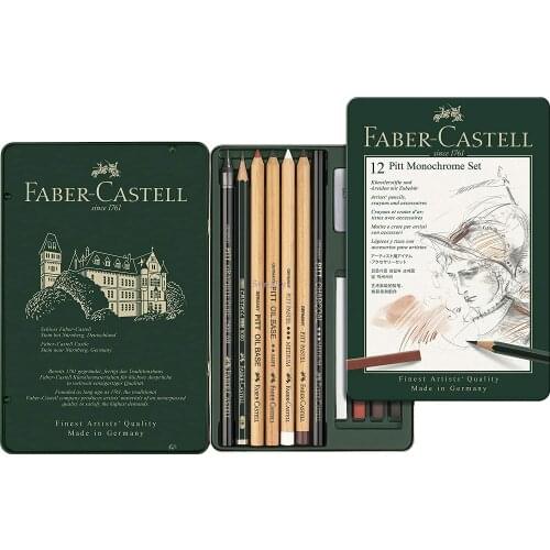 Faber-Castell 112975 PITT Monochrome Tin Set ,12pcs,Graphite Pencils Crayons and Accessories, Ideal Collection, Artist Quality