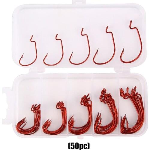 50Pcs/Box Red Fishing Treble Hooks Barbed 2/4/6/8/10# Stainless Steel Carp Pesca Accessories Crank Fishing Hook Set