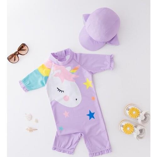 2021 New Unicorn One-Piece Children Swimwear Kids Wetsuit Sunscreen Beach Swimsuit Swimsuit Zipper Long Sleeve Girl Bikini