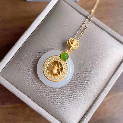 New silver inlaid natural Hetian white jade gourd Pendant Necklace with Chinese unique ancient gold craft womens brand jewelry