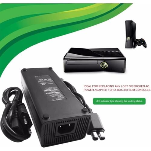 New AC 100-240V Adapter Power Supply Charger EU Plug Cable for XBOX 360 Slim Ideal Replacement Charger With LED Indicator Light