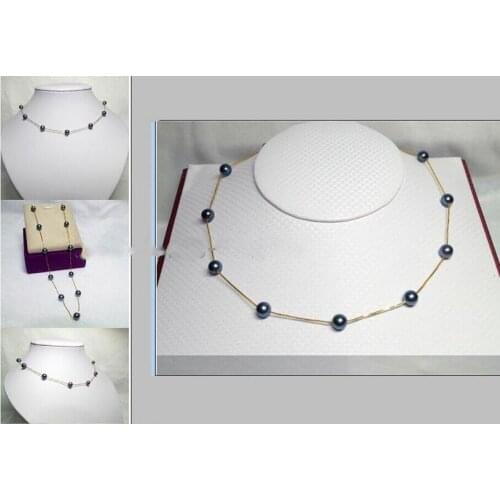 8-9mm AAA NATURAL GENUINE BLACK PEARL NECKLACE 925 Silver chain