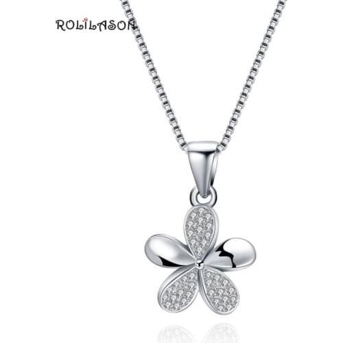 ROLILASON 925 Sterling Silver Necklace Pendant Flower Crystal Fashion Design jewelry SP61