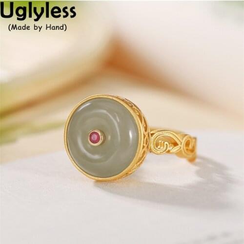 Uglyless Natural Jade Peace Buttons Vintage Eastern Dress Rings for Women Simple Fashion Gemstones Rings Real 925 Silver Jewelry