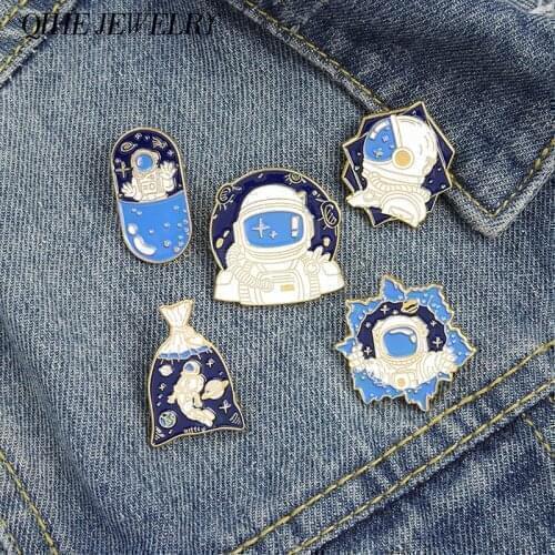 QIHE JEWELRY Astronaut and Diver Enamel Pins Silent Moon Brooches Sea Star Lapel pin Galaxy Badges Outer Space Lover Gifts