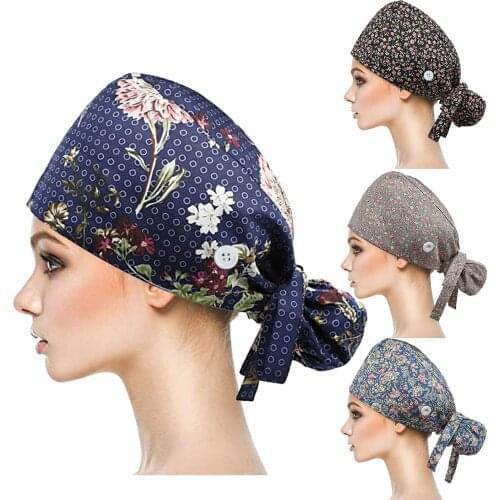 Print Unisex Scrub Cap With Buttons Bouffant Hat With Sweatband For Womens And Mens Adjustable Cotton Scrub Cap Dropshipping