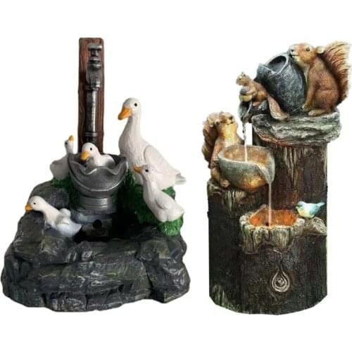Animal Squirrel Duck Garden Statue with Solar Lights Waterfall Fountain Resin Figurine Ornament Outdoor Decorations for Patio