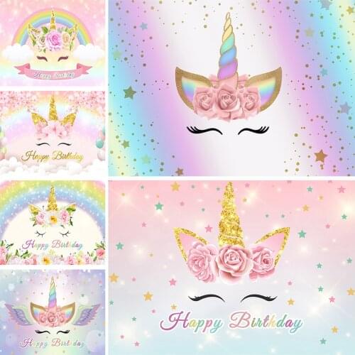 Unicorn Star Flowers Customized Name Photographic Backgrounds Vinyl Cloth Backdrops for Baby Birthday Party Banner Photo Studio