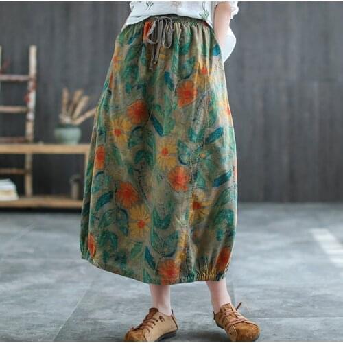 21Summer Skirst Women Vintage Print Loose Elastic Waist Drawstring Female Ankle-Length Skirt Fashion