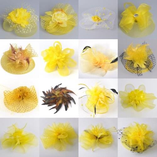5design Choose Handmade Yellow Large Fascinator Church Hat Feathers Veils Hair Clips Cocktail Weddings Party Women Hairpiece
