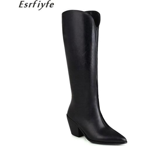 ESRFIYFE 2020 New Women Knee High Boots Fashion microfiber Women Party Boots High Heel Pointed Toe Women Boots large Size 34-48