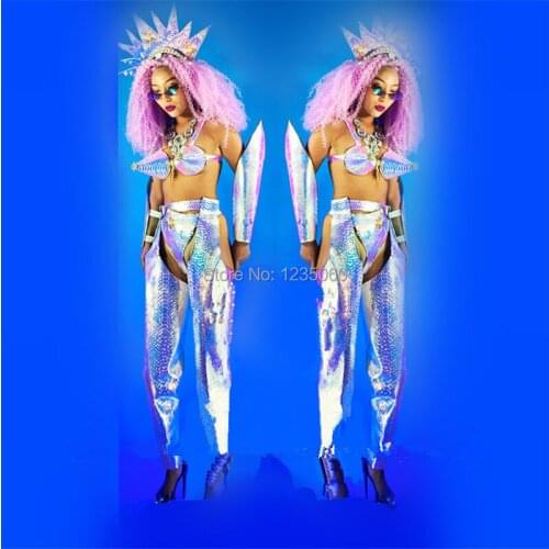 Nightclub Female Space Dance Bikini Suit Sexy Lady Ballroom Costume With Headwear Stage Performance Mirror Clothes