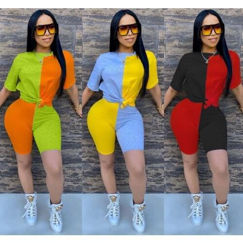 2020 Women Sets Summer Tracksuits Patchwork Sportswear Slim Tops+Shorts Suit Color Block Two Piece Set Women Outfits Sweat Suits
