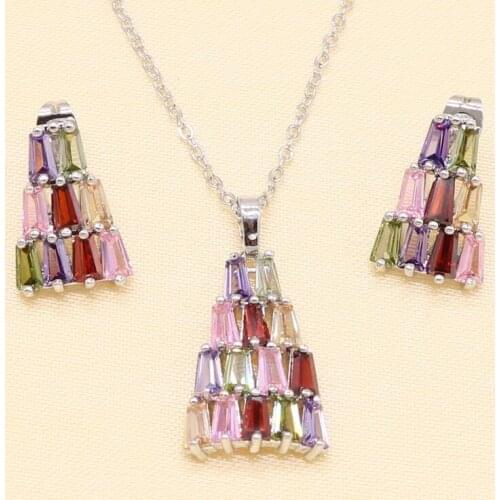 Silver Color Jewelry Costume Wedding Jewelry Sets Multicolor Zirconia Earrings For Women Pendant Necklace Set Gift Box