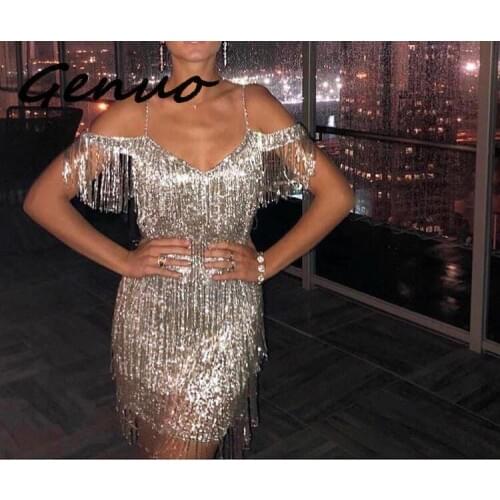Genuo Women Sexy V-neck Tassel Spaghetti Strap Off Shoulder Skinny Dress Summer Elegant Solid Sequin Sleeveless Above Knee Dress