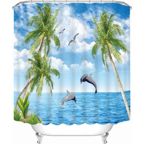 3D Seascape Pattern Shower Curtains Dolphin Coconut Tree Bathroom Curtain Waterproof Thickened Bath Curtain Customizable
