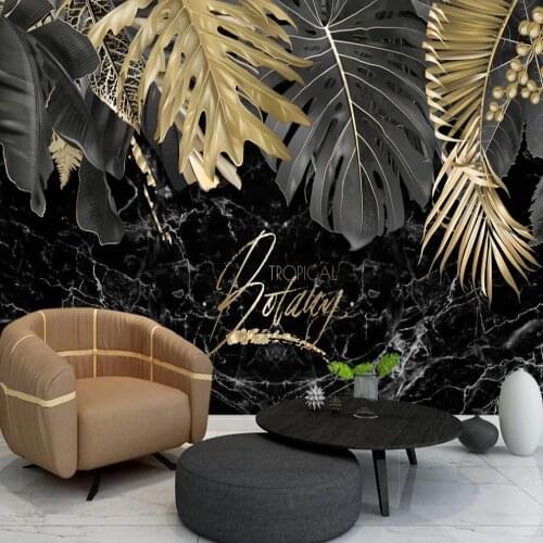 Custom large 3D wallpaper mural modern light luxury black gold leaf plant bedroom background wall decoration painting wallpaper