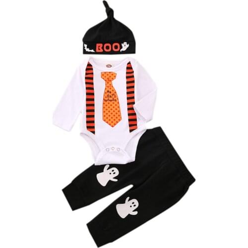 Baby Boys Halloween Clothing Autumn Three-piece Suit for Kids Baby Boys Halloween Letter Romper+ Cartoon Pants+Hat Outfits Set