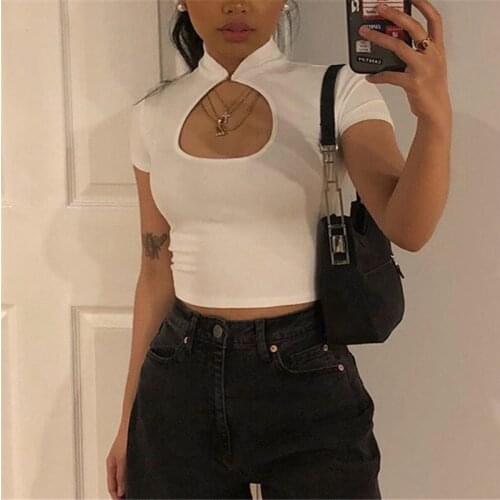 Chinese Cheongsam Collar Cut-out Slim Crop Tops Women Summer Chic Short Sleeve Classy Simple White Green T-Shirts