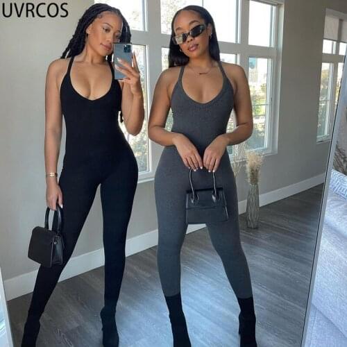 UVRCOS Club Outfits For Women Skinny Jumpsuit Sleeveless Solid Color Slim Ropa De Mujer 2021 Summer Back Cut Out Bandage Rompers