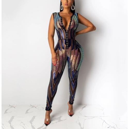 Sexy Sequined Jumpsuits Women Sheath Deep v Neck Long Pants High Waist Elegant For Evening Party Night Club Wear Rompers Hot