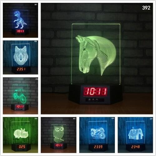Horse Owl Wolf Motorcycle 3D Illusion Calendar Clock Lamp 7 Colors Changing GRB Table Lamp Holiday Christmas Gifts Night Light