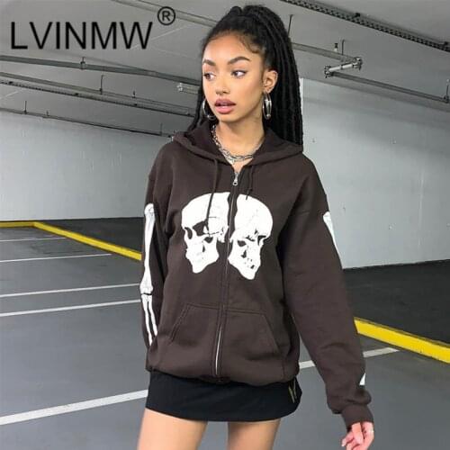 LVINMW Cardigans Skulls Printing Slim Casual Hooded Tops Long Sleeve With Pockets Zipper Fashion Hoodies Drawstring For Autumn