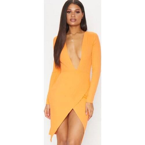 Fashion Plunge V Neck Bandage Women Wrap Over Dress Orange Long Sleeve Ribbed Knit Tight Waist Mini Bodycon Party Dress