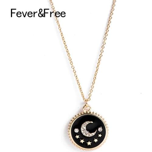 Fever&Free New Arrival Fashion Jewelry Round Gold Crystal Moon Star Pendant Necklace Exquisite Black Enamel Carved Gold Necklace