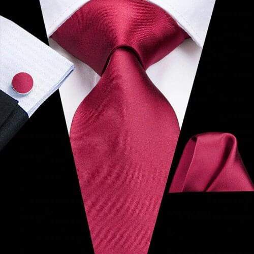 Hi-Tie 100% Silk Solid Wine Red Mens Tie Set 8.5cm Blue Wedding Ties For Men New Design Hanky Cufflinks Quality Necktie